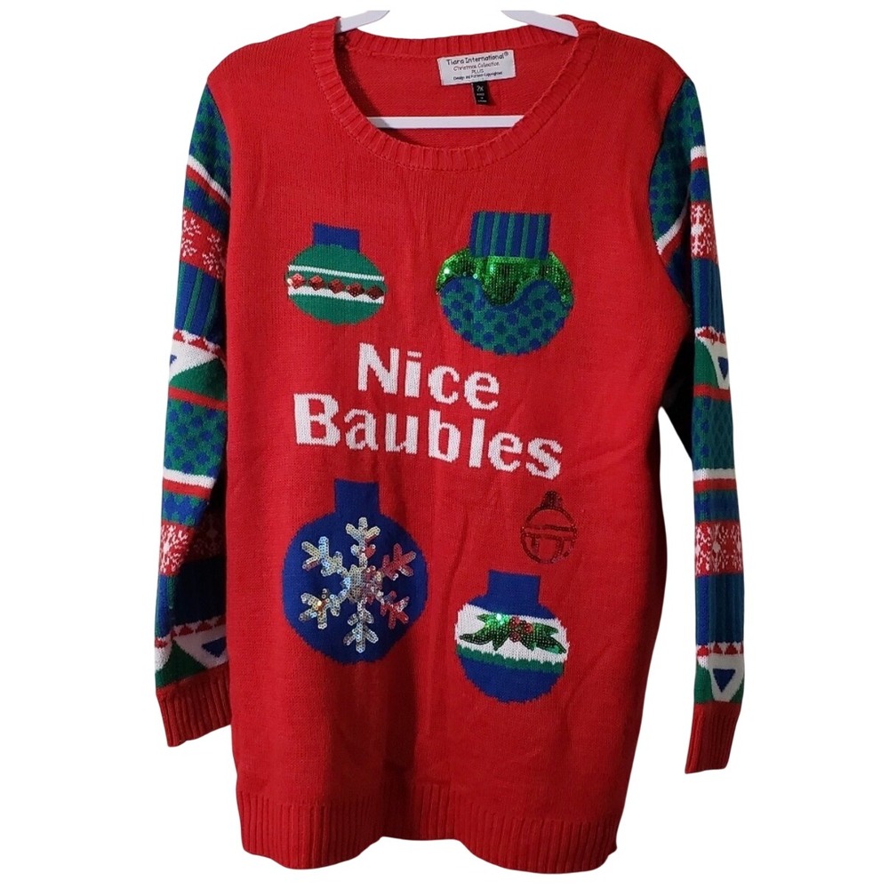 Tiara International Nice Baubles Christmas Sweater Red Sequin Plus Size 2X